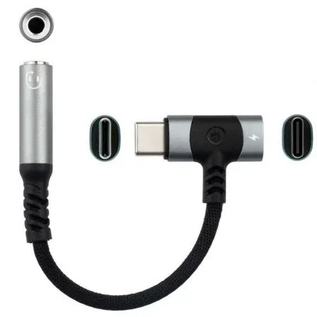 Nano Cable Cable Adaptador de Audio y Carga USB-C Macho a Jack 3.5mm Hembra y USB-C Hembra, 10cm, Negro - Ref: 10.24.1207